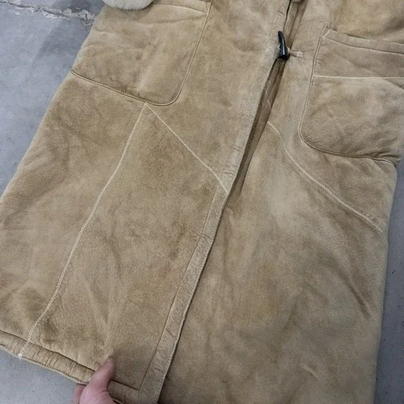 Vintage Tan Suede Shearling Coat Long Faux Fur Trim Toggle Jacket Tan Cream - Picture 3 of 10